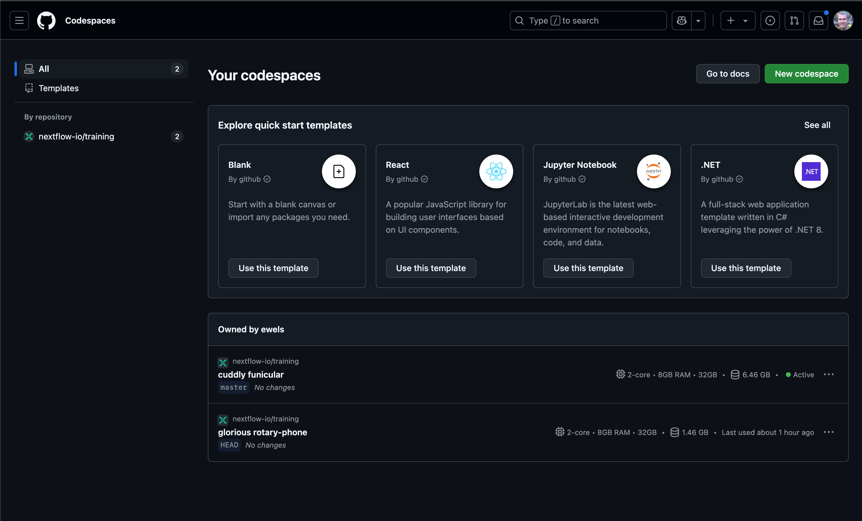 Liste des sessions GitHub Codespace