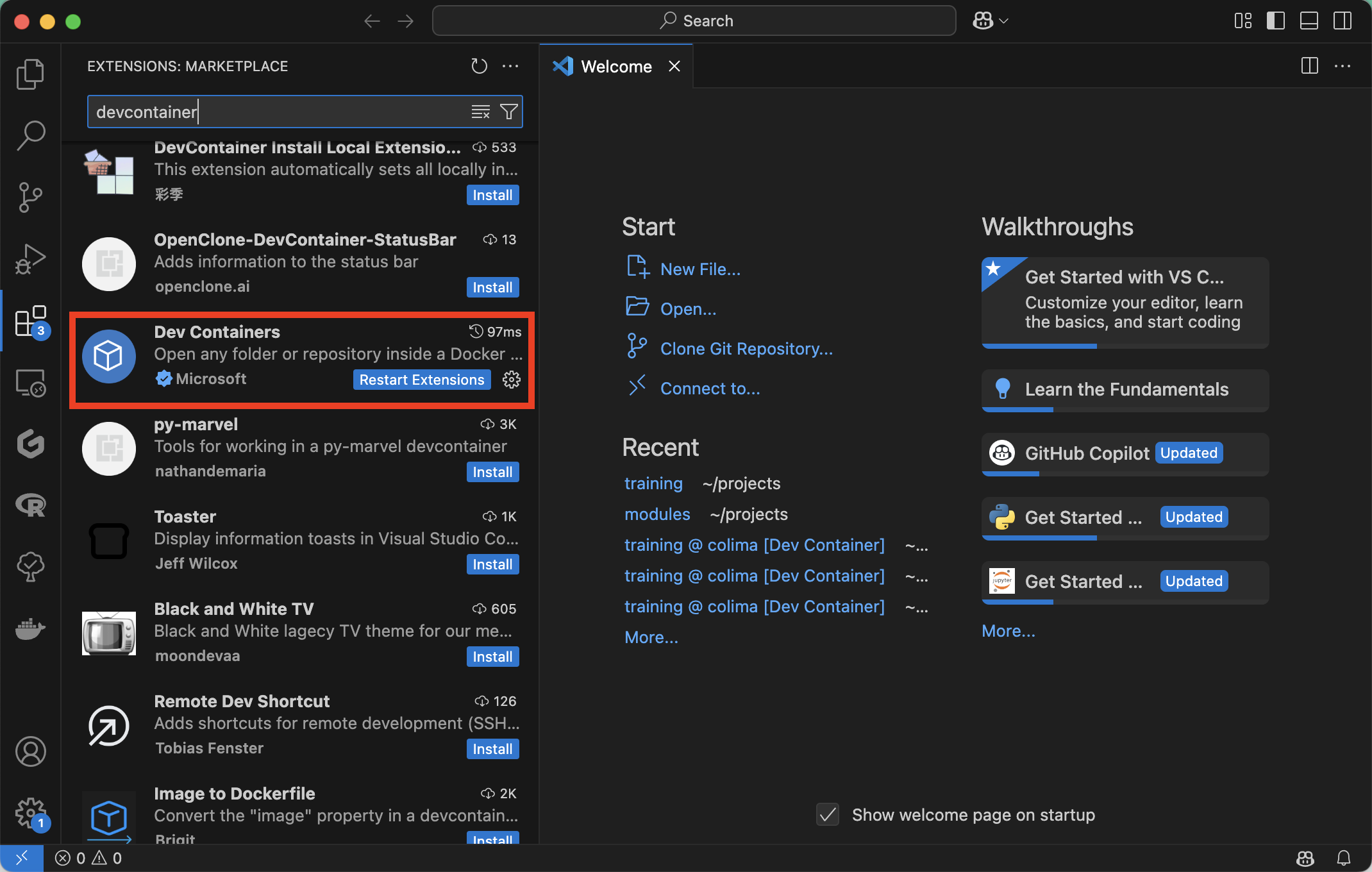 Installing Dev Containers extension in VS Code